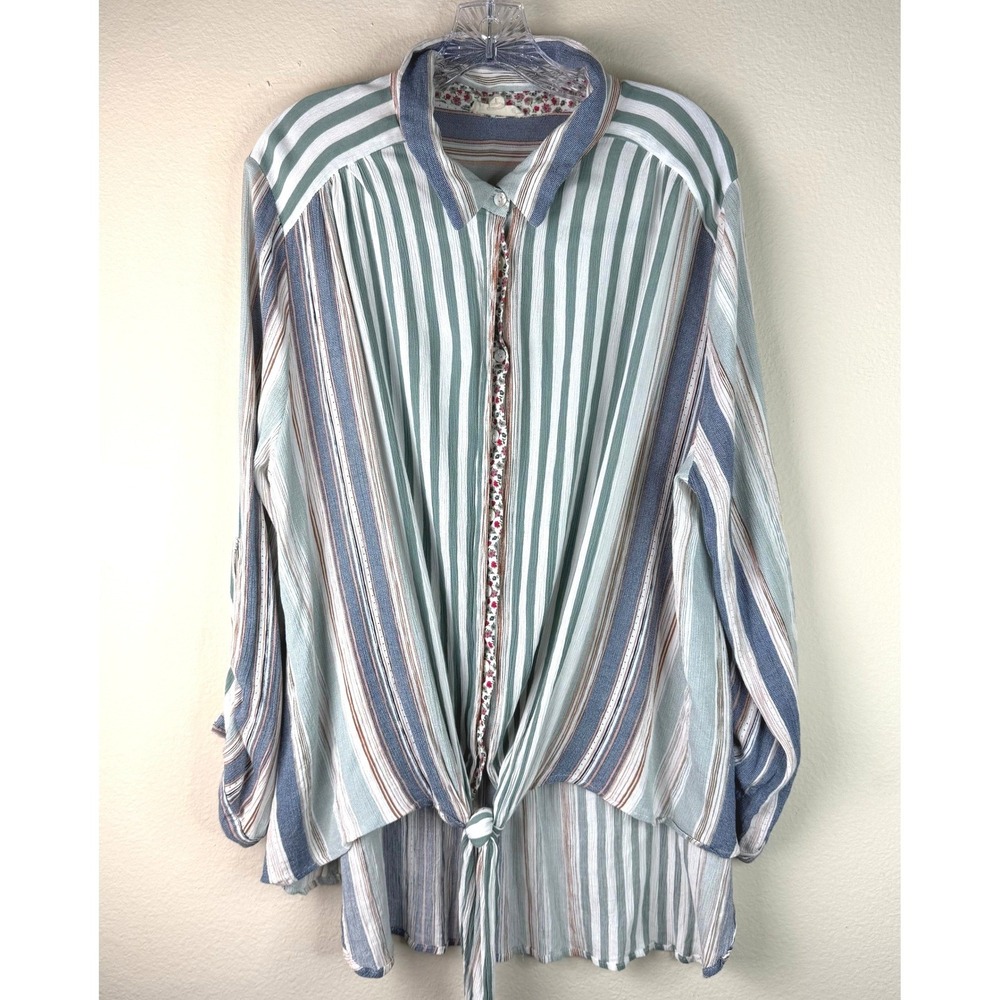 ODDY Womens Button Front Striped Hi Low Long Sleeve Tunic Blue Size 3XL Preppy